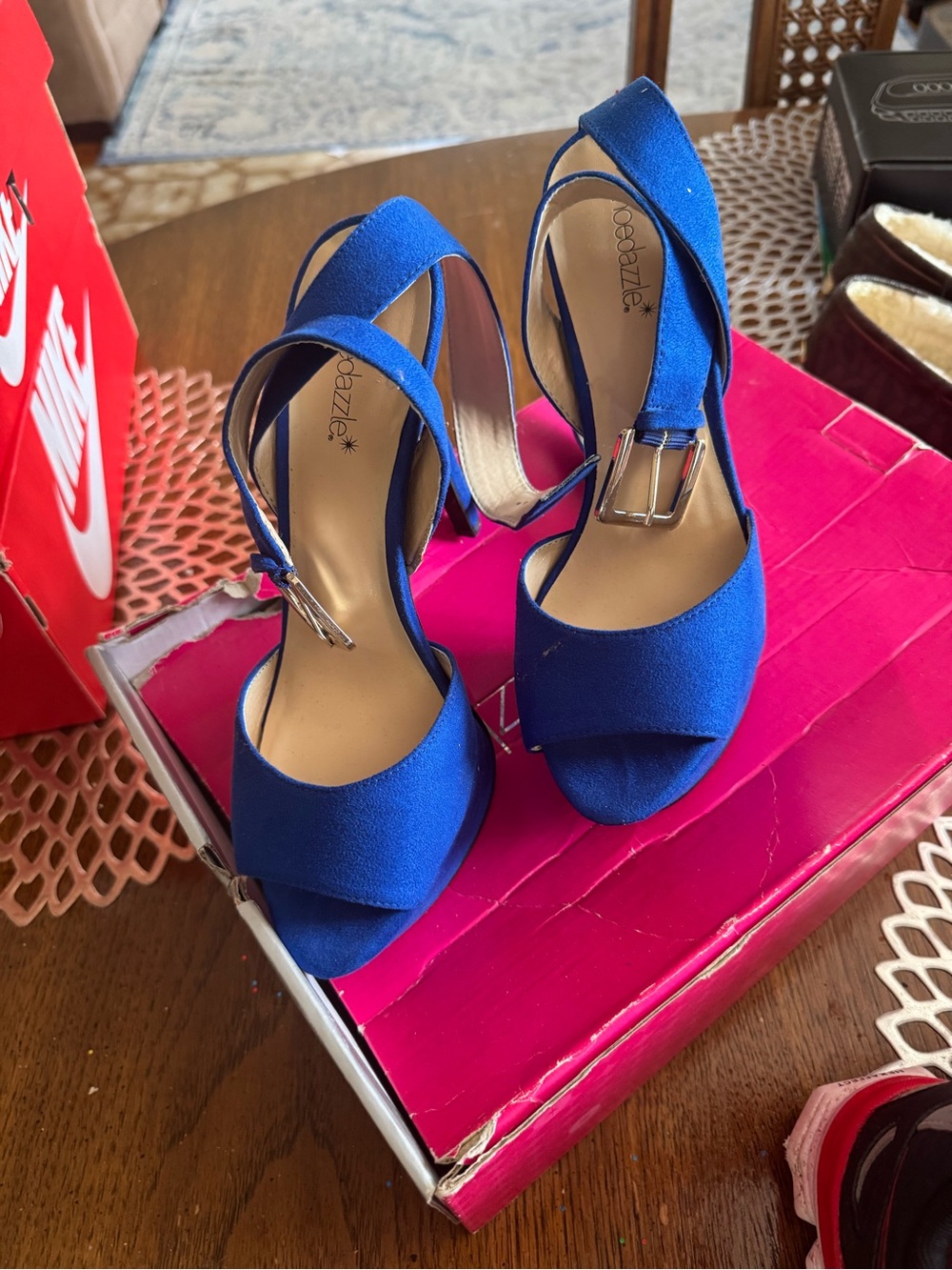 Qupid Royal Blue Open-Toe Ankle Strap Block Heels